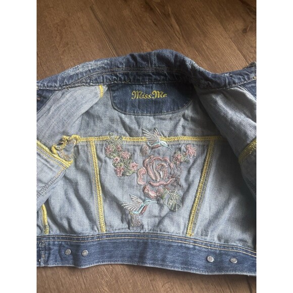 MISS ME EMBROIDERY FLORAL SEXY CROP DESIGN CUTE COACHELLA DENIM JACKET M - Picture 2 of 8